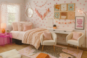 Whimsical blush dorm makeover with ruffled bedding. leopard rug, and dotted wallpaper , eclectic femme boho style designed by Dorm Room Chic