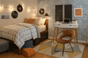 shoppable dorm room design featuring Mid Century style desk and chair, wave print wallpaper, grid bedding, and vinyl wall art, calm and modern student space by Dorm Room Chic