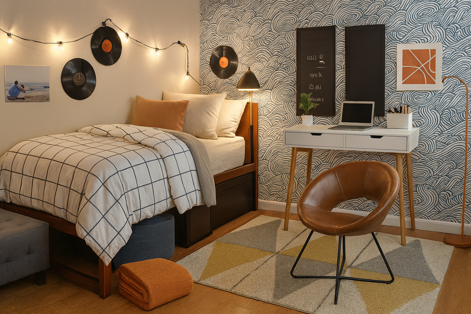 shoppable dorm room design featuring Mid Century style desk and chair, wave print wallpaper, grid bedding, and vinyl wall art, calm and modern student space by Dorm Room Chic