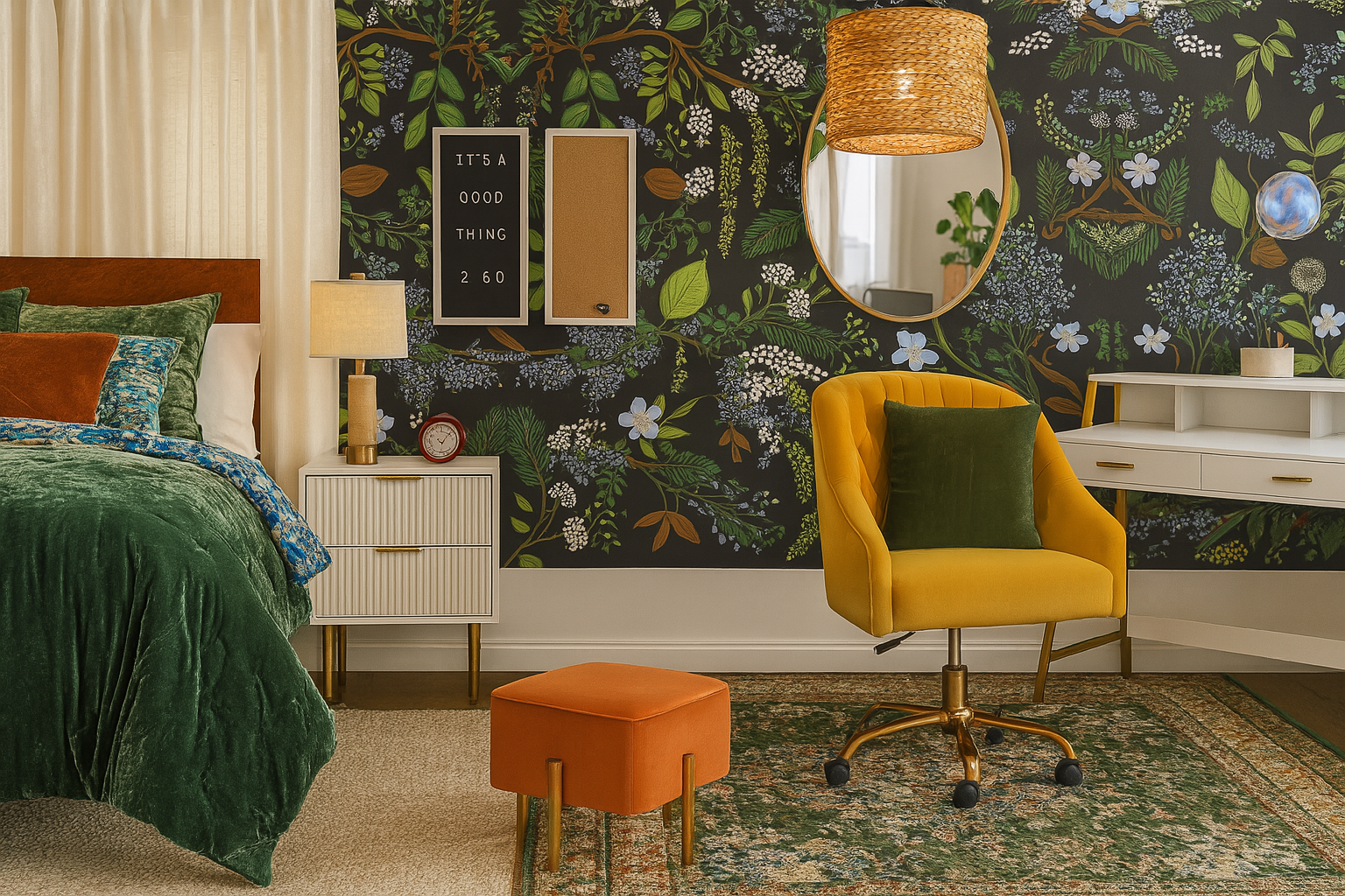 dorm room design with rich green velvet bedding, mustard tufted desk chair, and floral wallpaper featuring dark botanical tones Moody but Not Blue by Dorm Room Chic