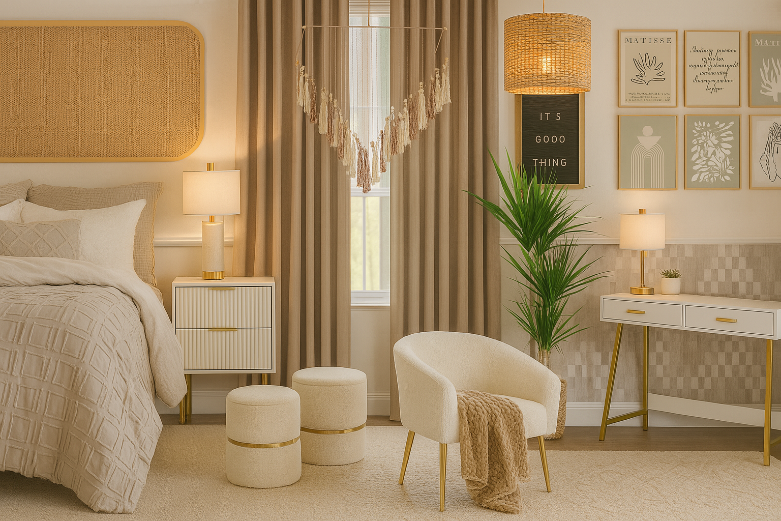 Neutral Dorm room with soft taupe bedding, natural textures, and boho inspired decor, calming minimalist vibe dorm designed by Dorm Room Chic