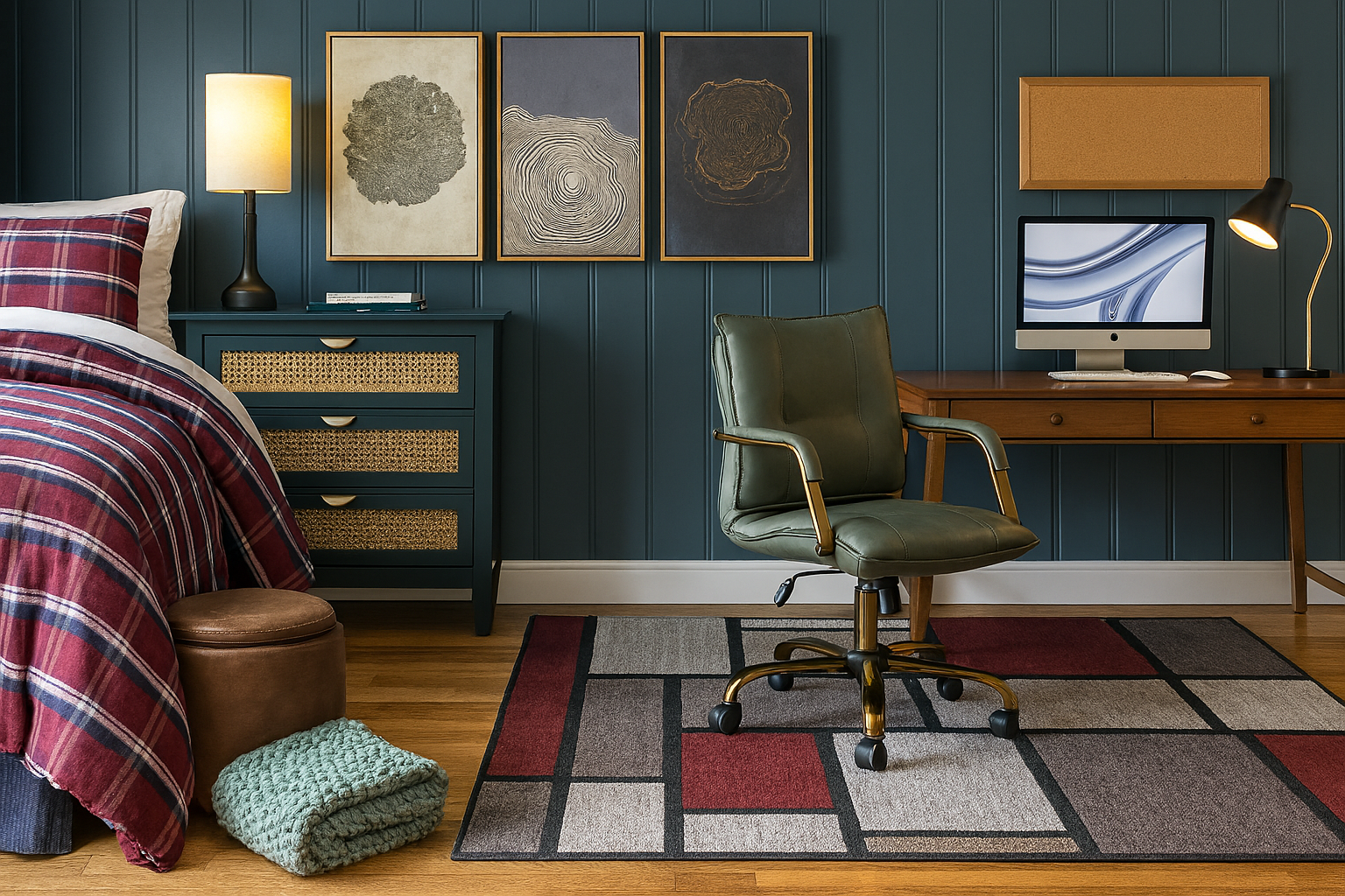dorm design, gender neutral dorm room, featuring plaids, red and blues, a leather chair, wood desk, designer dorm, college move in made easy