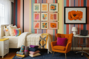 designer dorm room makeover inspired by the LGBTQ community, rainbow bright blending of stripes cozy textures, designed for creativity