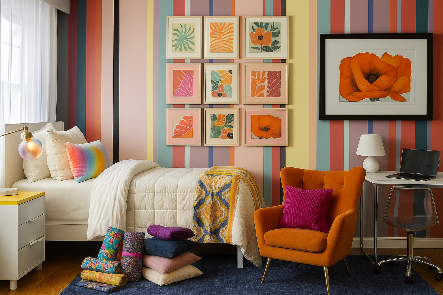 designer dorm room makeover inspired by the LGBTQ community, rainbow bright blending of stripes cozy textures, designed for creativity