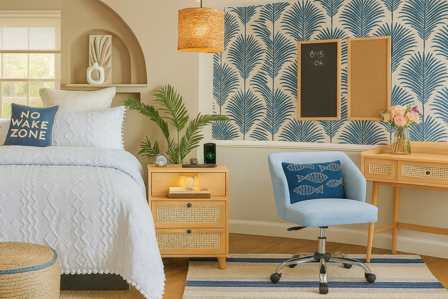 coastal beach vibe dorm room featuring blue palm wallpaper, wicker accents, woven nightstand, white bedding, rattan pendant lamp